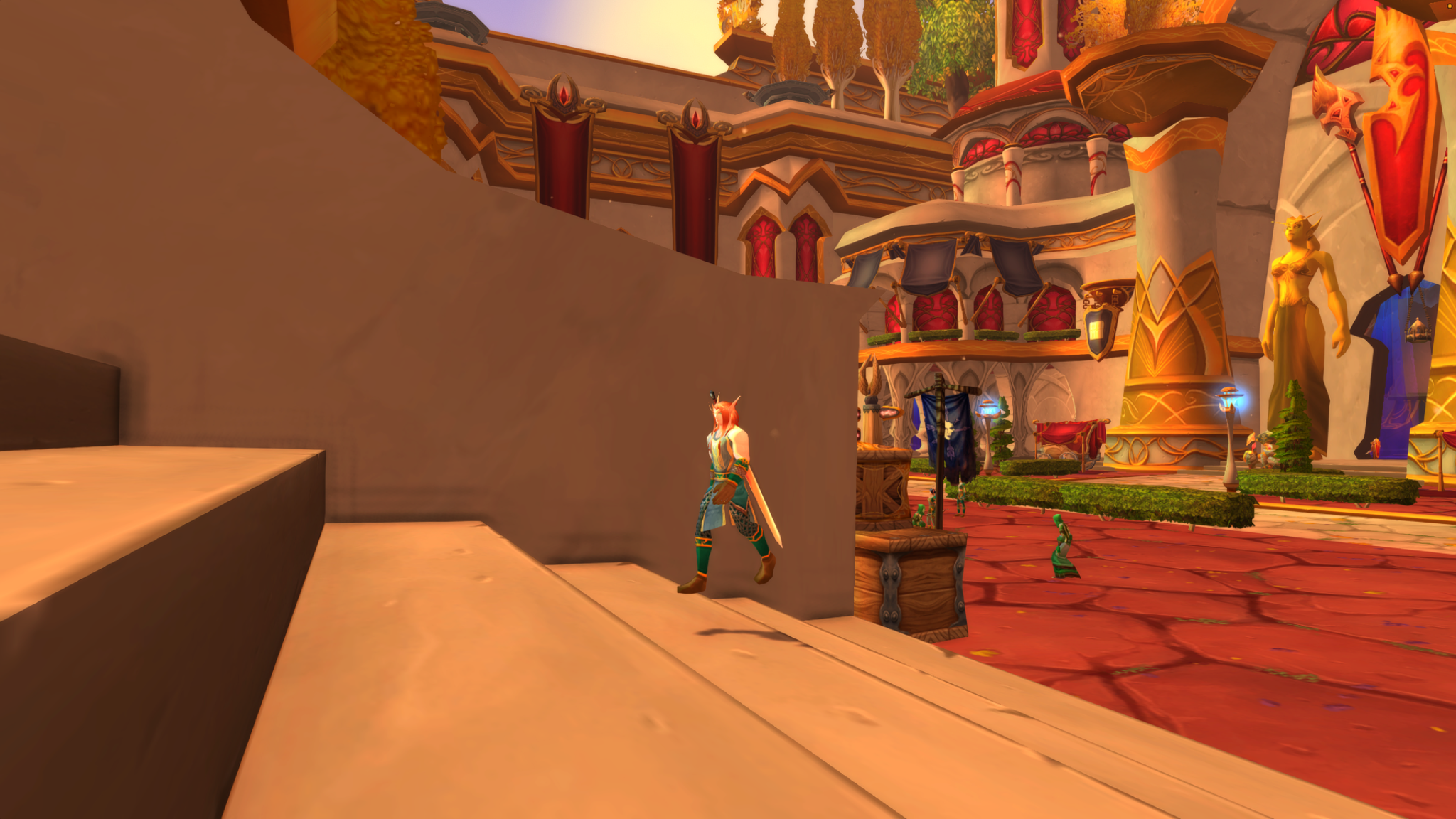 A red-haired blood elf climbs pale stone steps beside Silvermoon's red banners and gold-trimmed architecture.