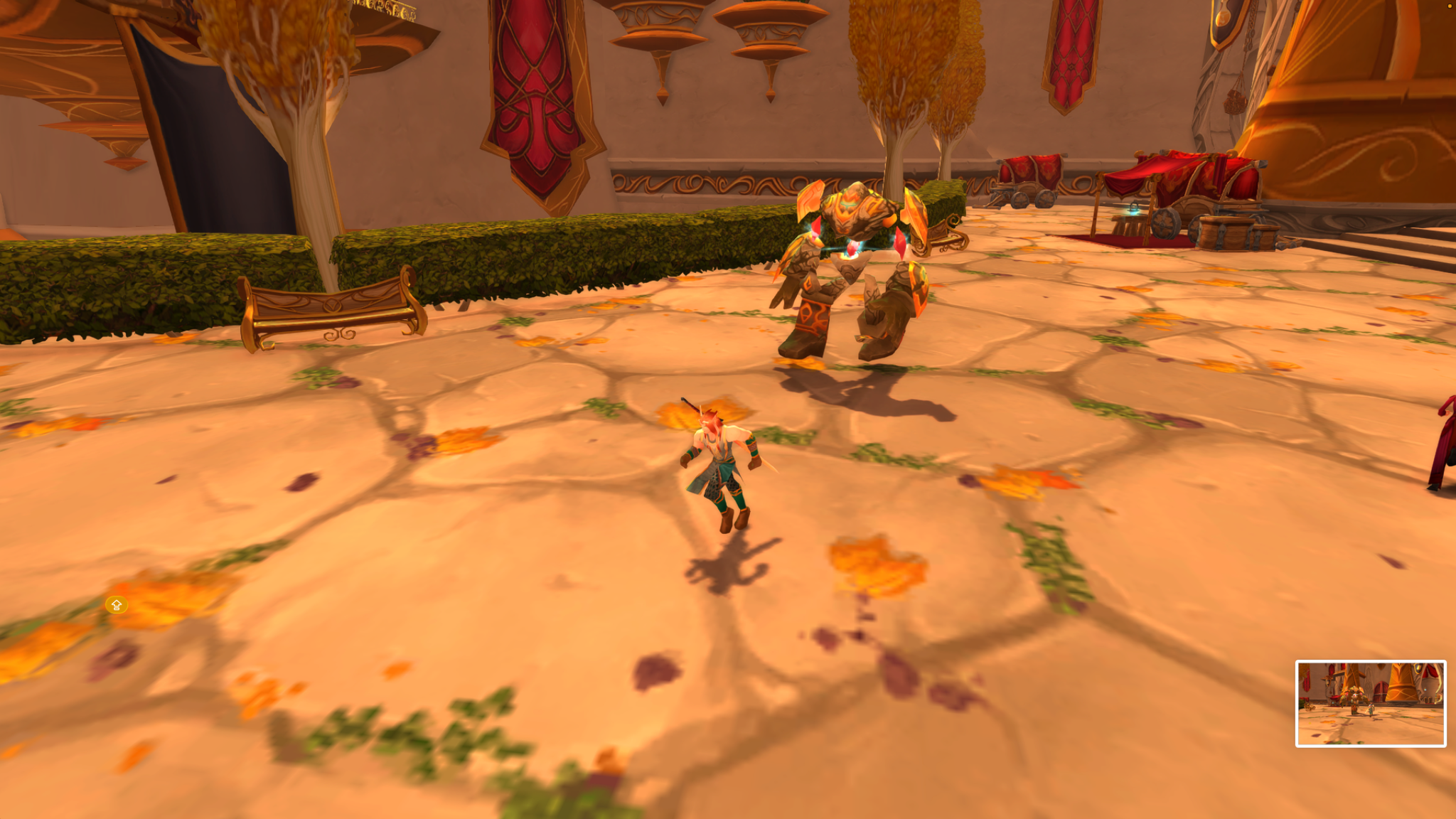 A red-haired blood elf jumps in a sunny Silvermoon square in front of a large gold-and-red arcane construct.