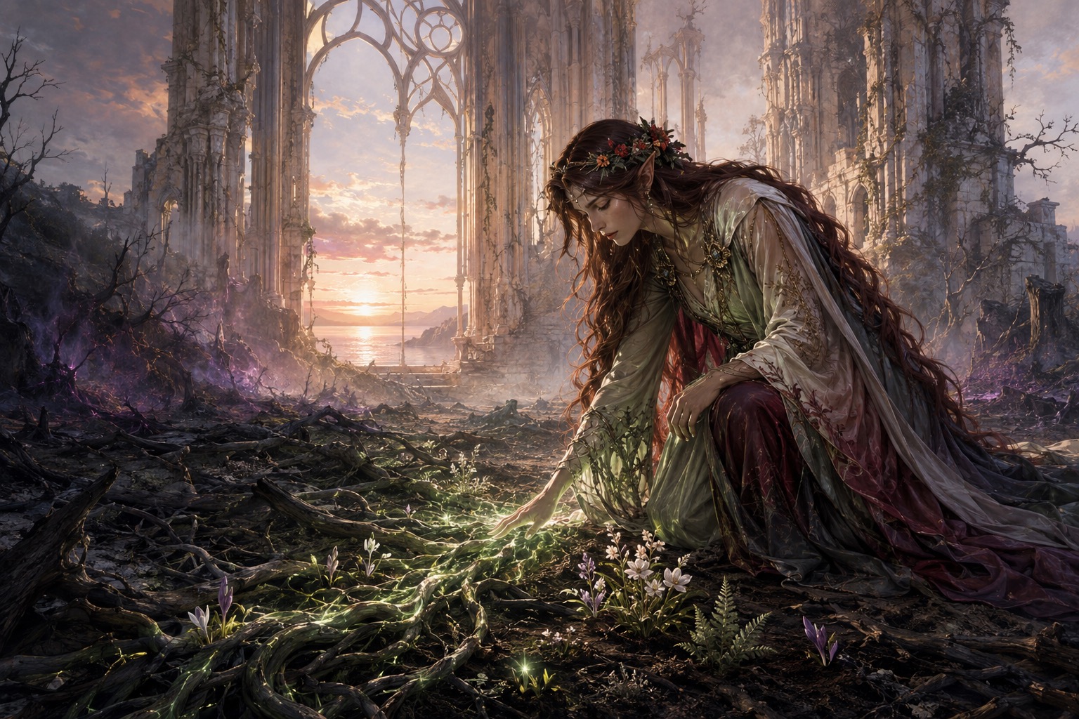 An elven woman bringing flowers and glowing roots back to life in coastal cathedral ruins.