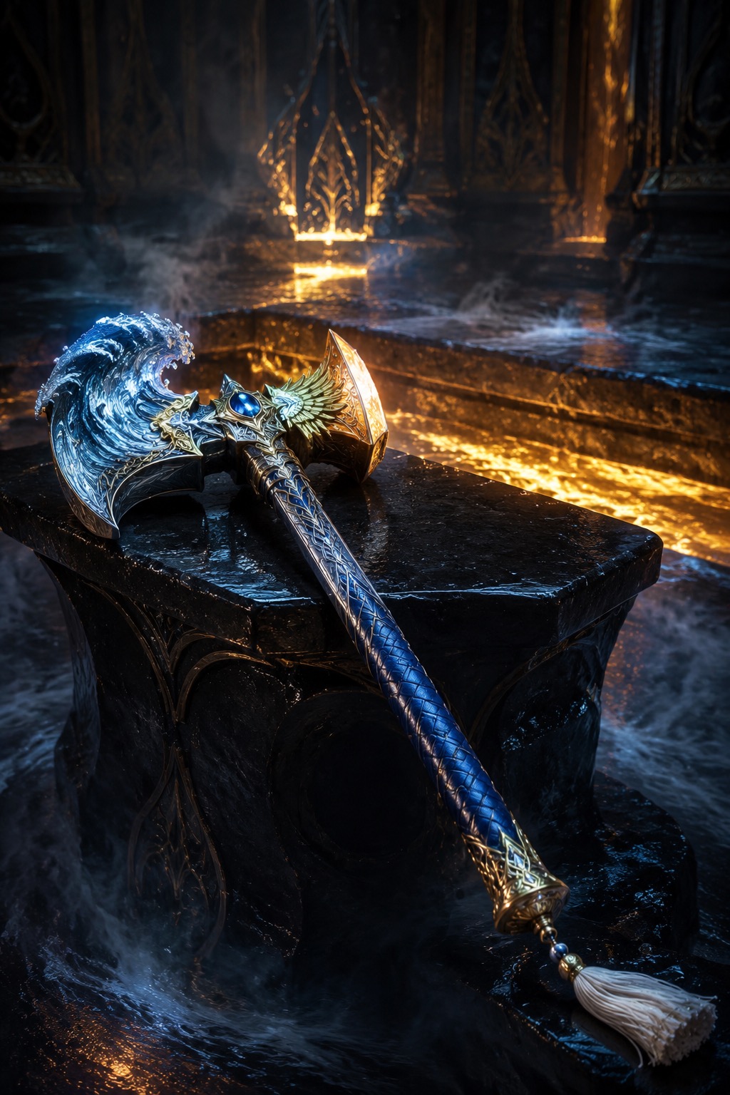 A double-headed axe with a blue wave blade and golden winged blade on a dark anvil.