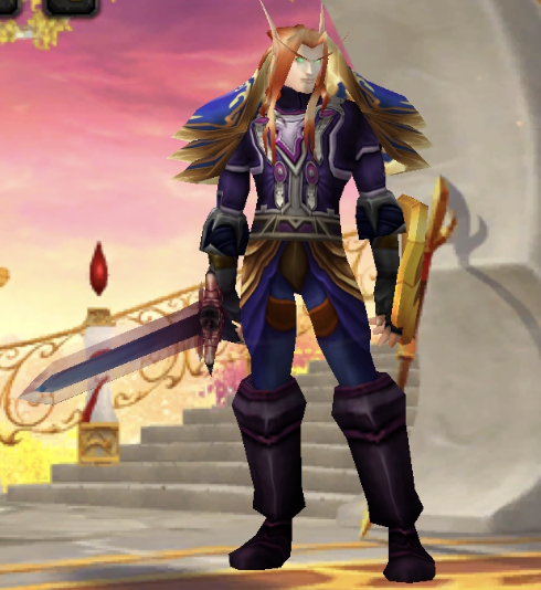 In-game copper-haired blood elf with a sword and golden book.