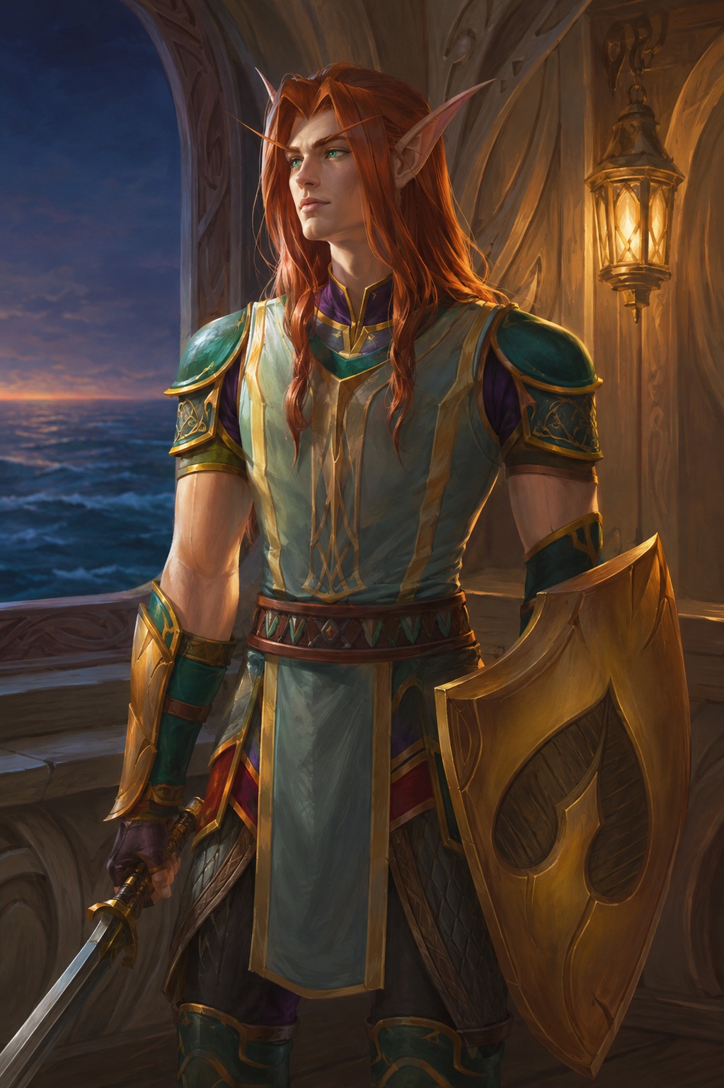 Copper-haired elf with a sword and golden shield in a lantern-lit ship cabin.