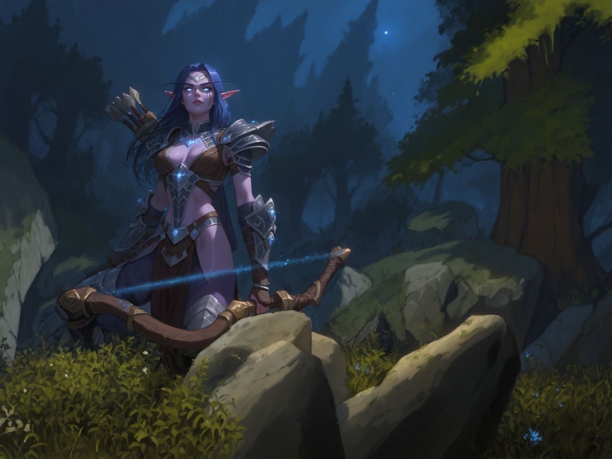 A night-elf archer with a luminous blue bowstring in a moonlit forest.