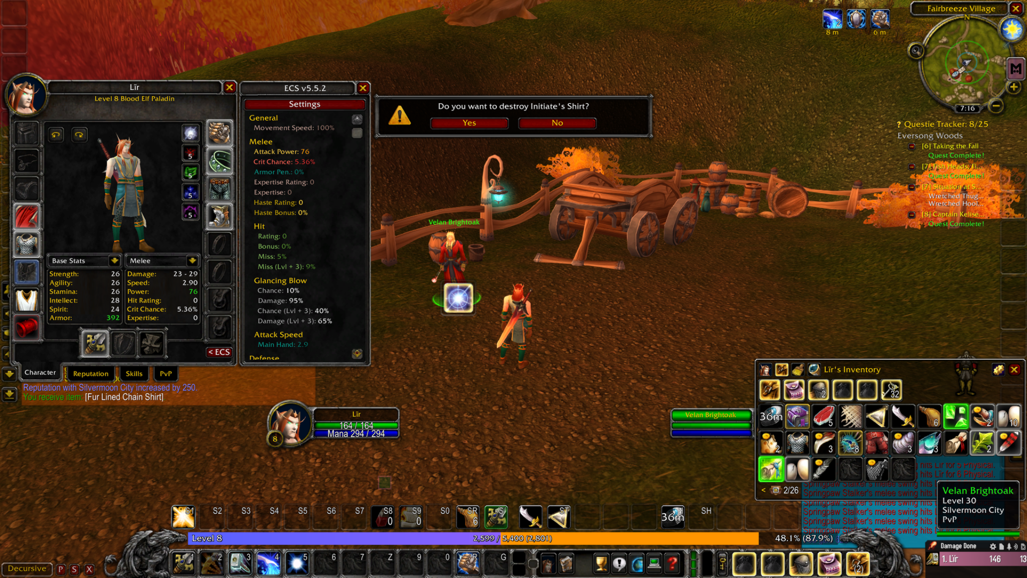 Lïr in Fairbreeze Village, with his equipment open and a prompt to discard his Initiate's Shirt.