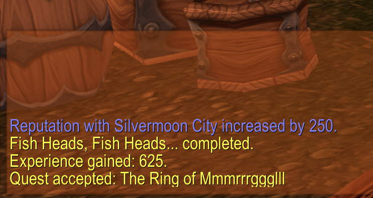 Quest chat showing Fish Heads, Fish Heads... completed and a new quest accepted.