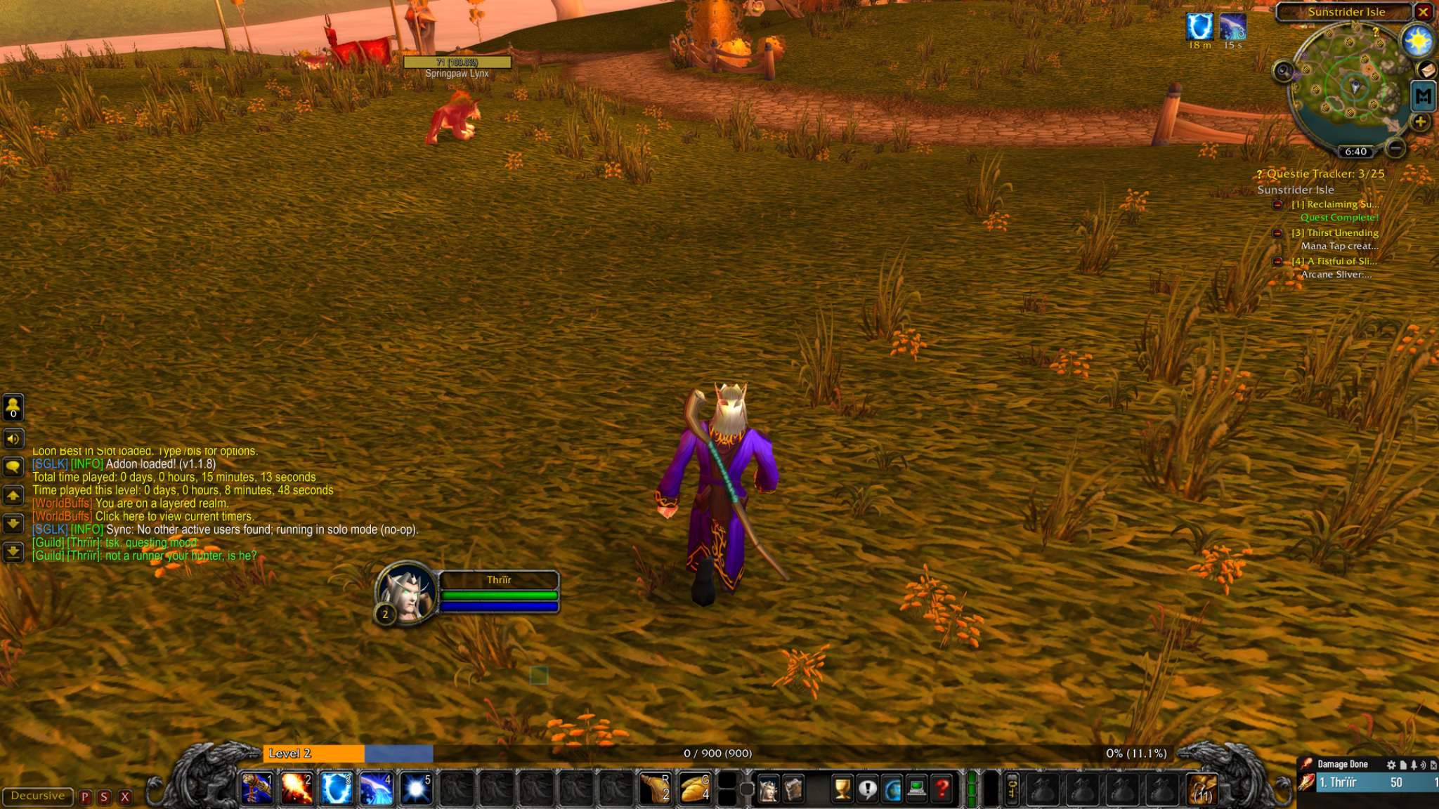 A blood elf mage on Sunstrider Isle, with guild chat and played time visible.