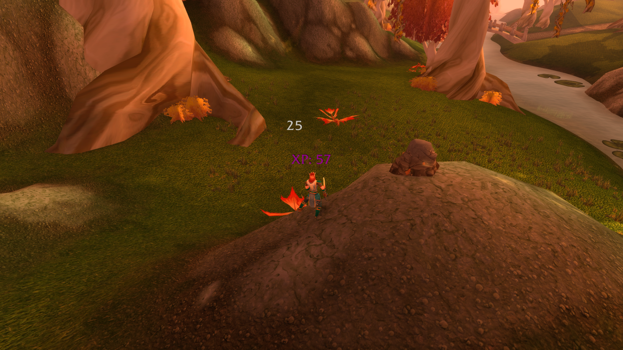 Lïr beside a defeated creature and a mineral deposit, with earned experience appearing above him.