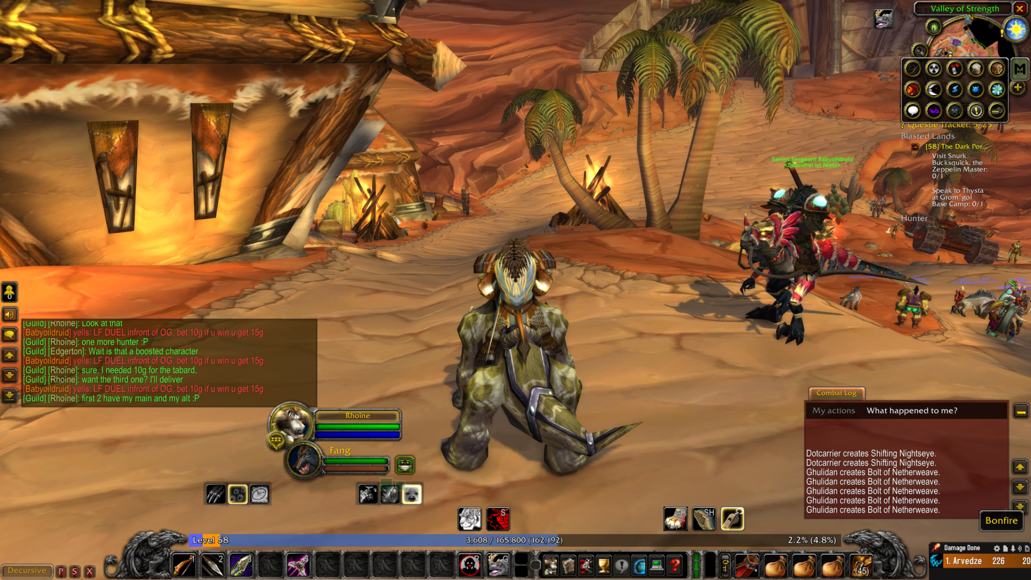 A mounted Tauren in Orgrimmar's Valley of Strength, with guild chat discussing a tabard and a boosted character.