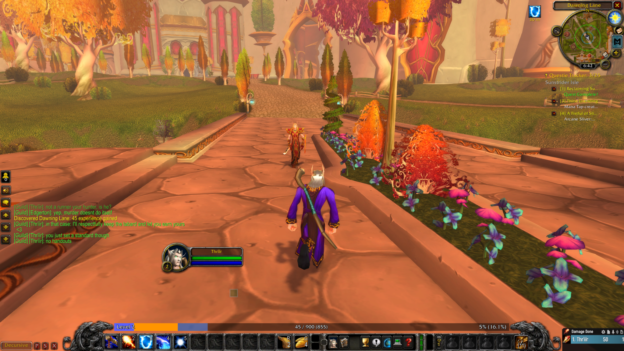 A blood elf mage in Dawning Lane, with guild chat about earning a tabard and setting a no-handouts standard.