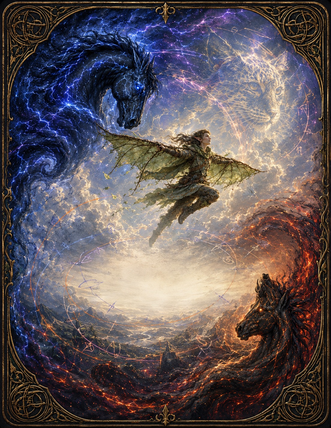A gliding elf surrounded by blue and fiery spectral horses and a golden leopard.