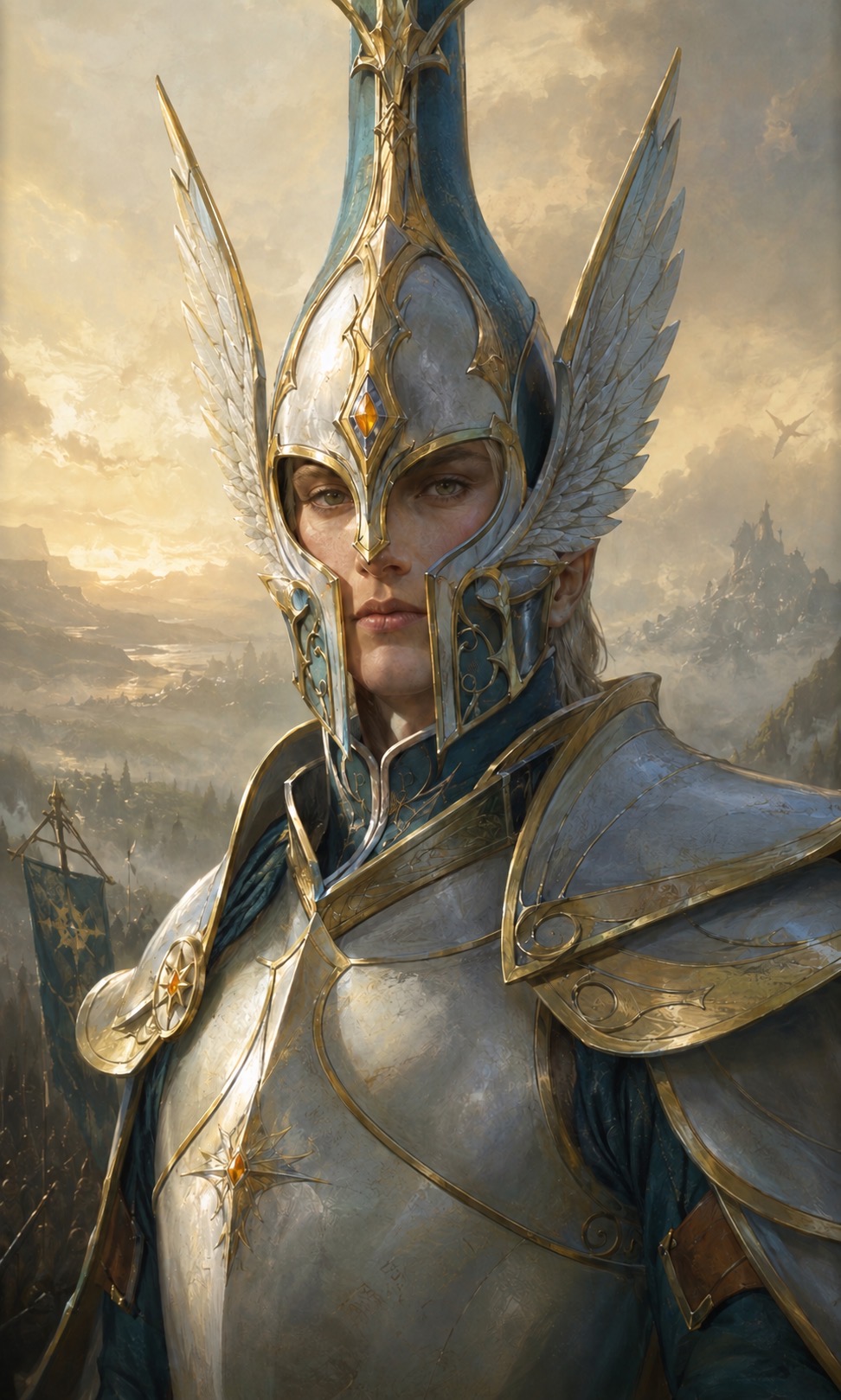 Son of Mandred in silver and gold armour, wearing a tall winged helm above an elven coastline.