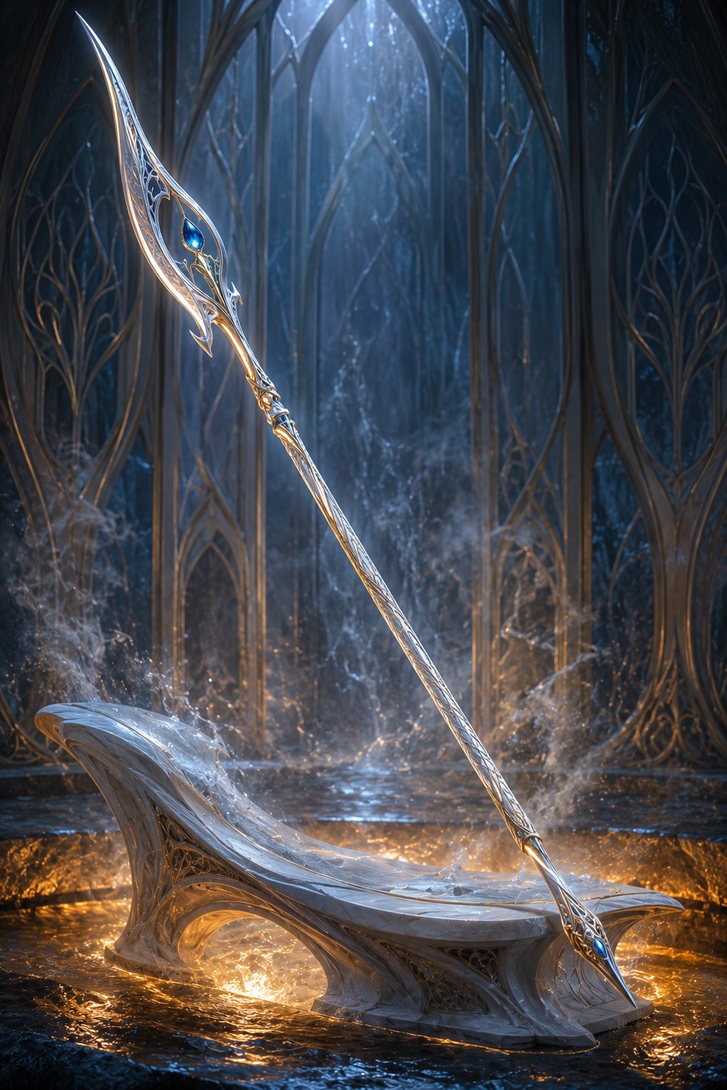 A silver and gold spear with sapphire stones suspended over a white anvil.