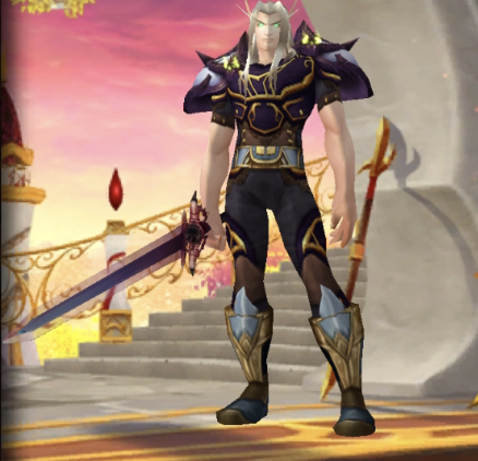 In-game silver-haired blood elf with a sword and book.