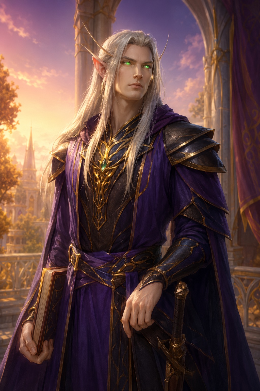 Silver-haired elf in purple and gold with a book and sheathed sword.
